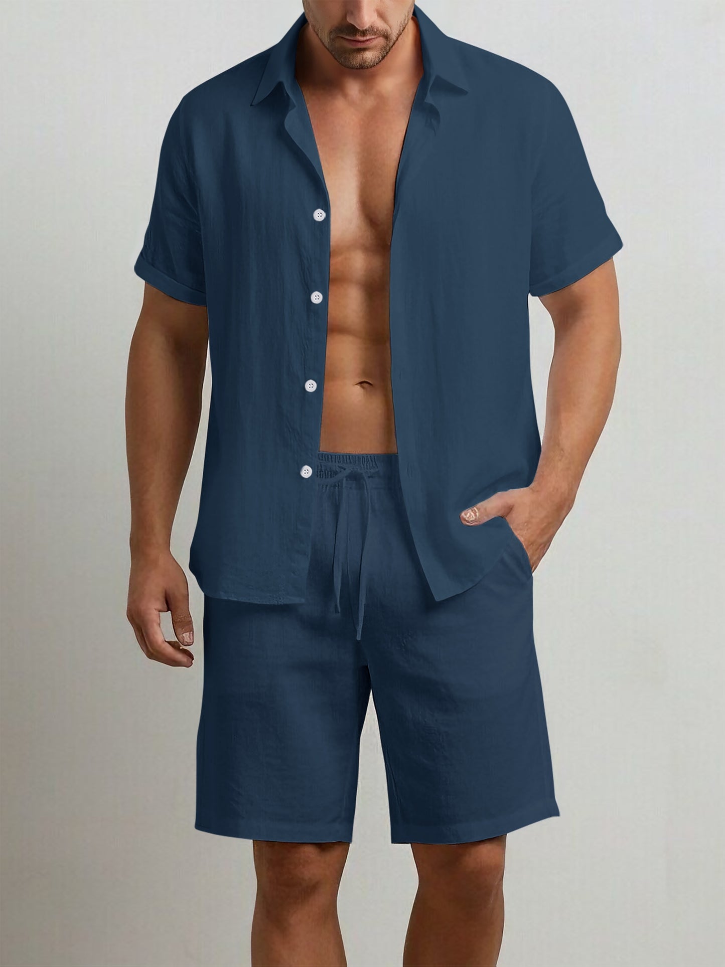 Men's Summer Cotton Shirt and Shorts Set - Casual Outdoor Wear