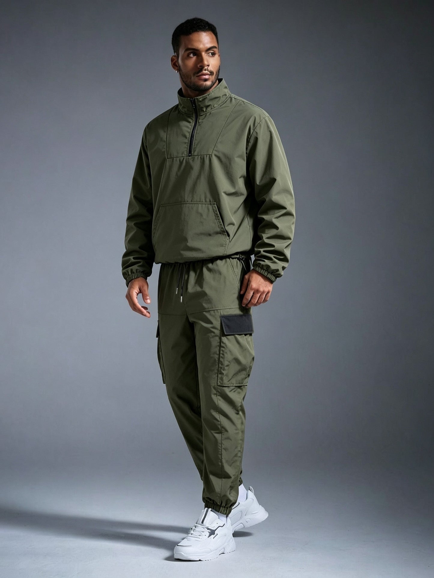 Men's Windproof Nylon Athletic Tracksuit Set with Cargo Pants