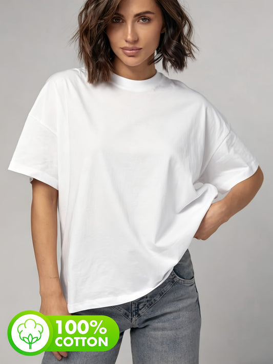 Women's Casual Solid Color Cotton T-Shirt, Crew Neck Summer Tee - ayq