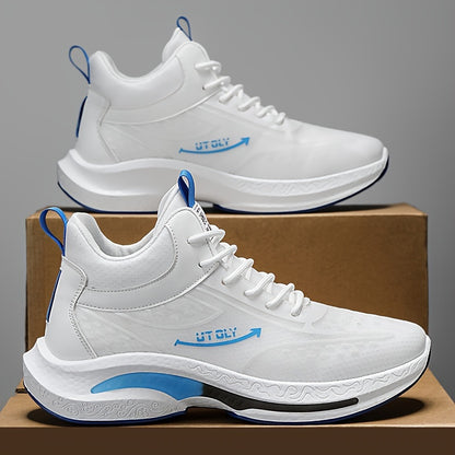 Men'S High-Top Lace-Up Athletic Sneakers - Breathable Fabric, PVC Sole, EVA Insole, Stylish Blue  White Design for Casual and Outdoor Activities, Everyday Sneakers   Sporty Casual Shoes   Durable PVC Sole