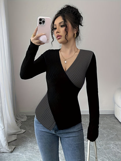 Women'S Elegant Color Block Long Sleeve T-Shirt - V-Neck, Slim Fit, & Pink, Comfortable & Stylish for Spring/Fall, Versatile Casual or Dressy Outfits, Versatile Fashion | Vneck Top | Construction, Ladies T Shirts