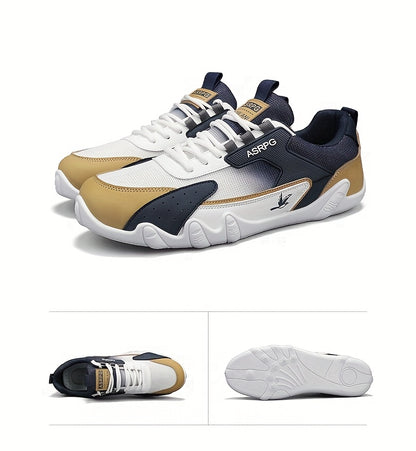 Men's Breathable Low-Top Casual Sneakers - Sporty Lace-Up Walking Shoes with Navy/White/Golden Accents, All-Season Outdoor  Everyday Comfort, Durable Fabric Upper  PVC Sole, Comfortable Footwear, Sleek Shoe Design, Lightwei