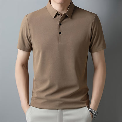 Men's Solid Short Sleeve And Lapel Collar Henley Shirt, Casual And Comfy Sports Tops For Summer Golf Wear And Outdoors Activities