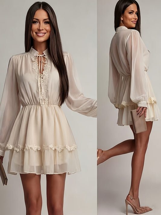 Elegant V-Neck Short Dress with Lace Trim and Ruffle Hem