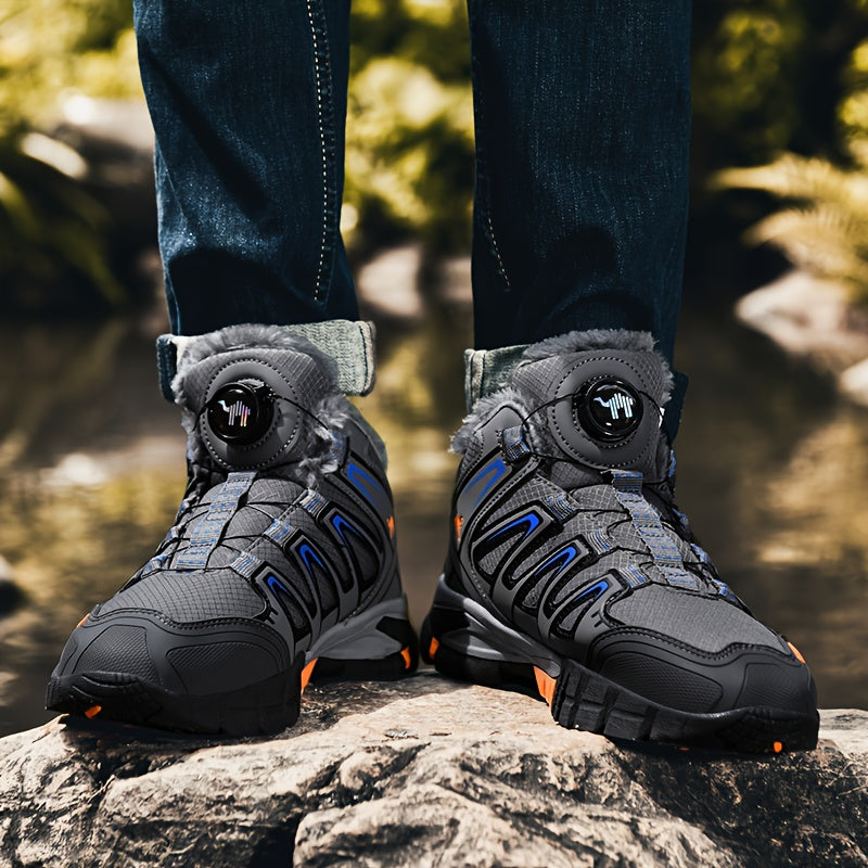 CANEMON Men'S Winter Sports Sneakers - Comfortable, Non-Slip, Durable, Thickened Mid-Top Lace-Up Shoes with Striped & Checkered Patterns, Warm Fabric Upper & TPR Sole for Hiking, Outdoor Activities, and Snowy Terrain, Winter