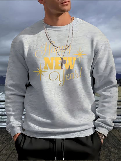 Men's Happy New Year Sweater - Loose Fit Round Neck Pullover Shirt with Golden Script, Light Grey & Machine Washable Casual Party Outfit for Everyday & Celebration Wear, Cute Sweaters, Festive Apparel, Festive Design, Durable