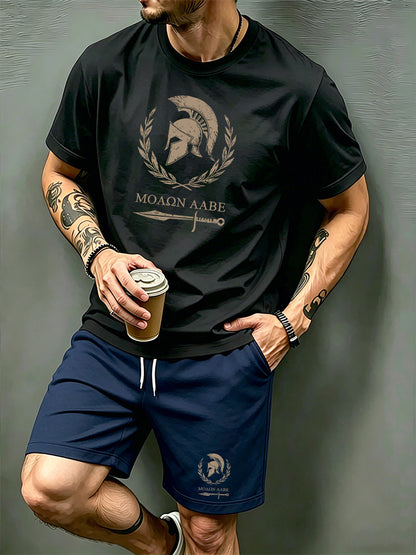 Men's Summer Short Sleeve T-Shirt and Shorts Set with Spartan Helmet P