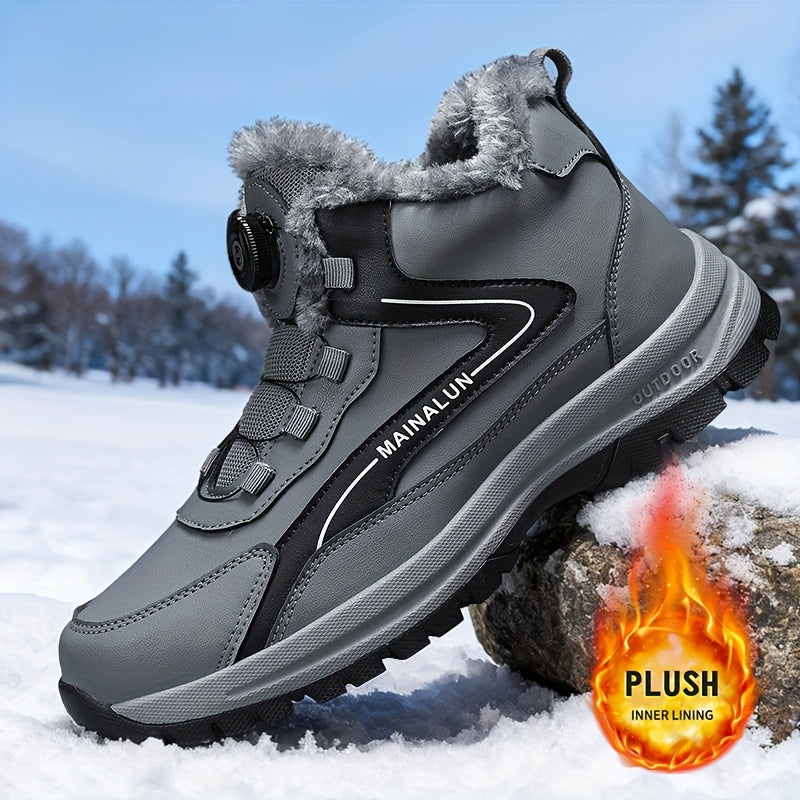 MAINALUN Men's Heavy-Duty Winter Snow Boots with Rotating Buckle Closure, PU Upper & PVC Sole - Thick Plush Lining, Warm Short Ankle Boots for Ice, Snow, Slush, Work, Outdoor (Adjustable Strap, Fit)