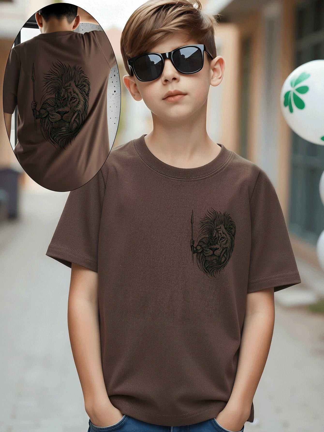 Boys' Cotton T-Shirt with Lion Warrior Print - Casual Summer Top