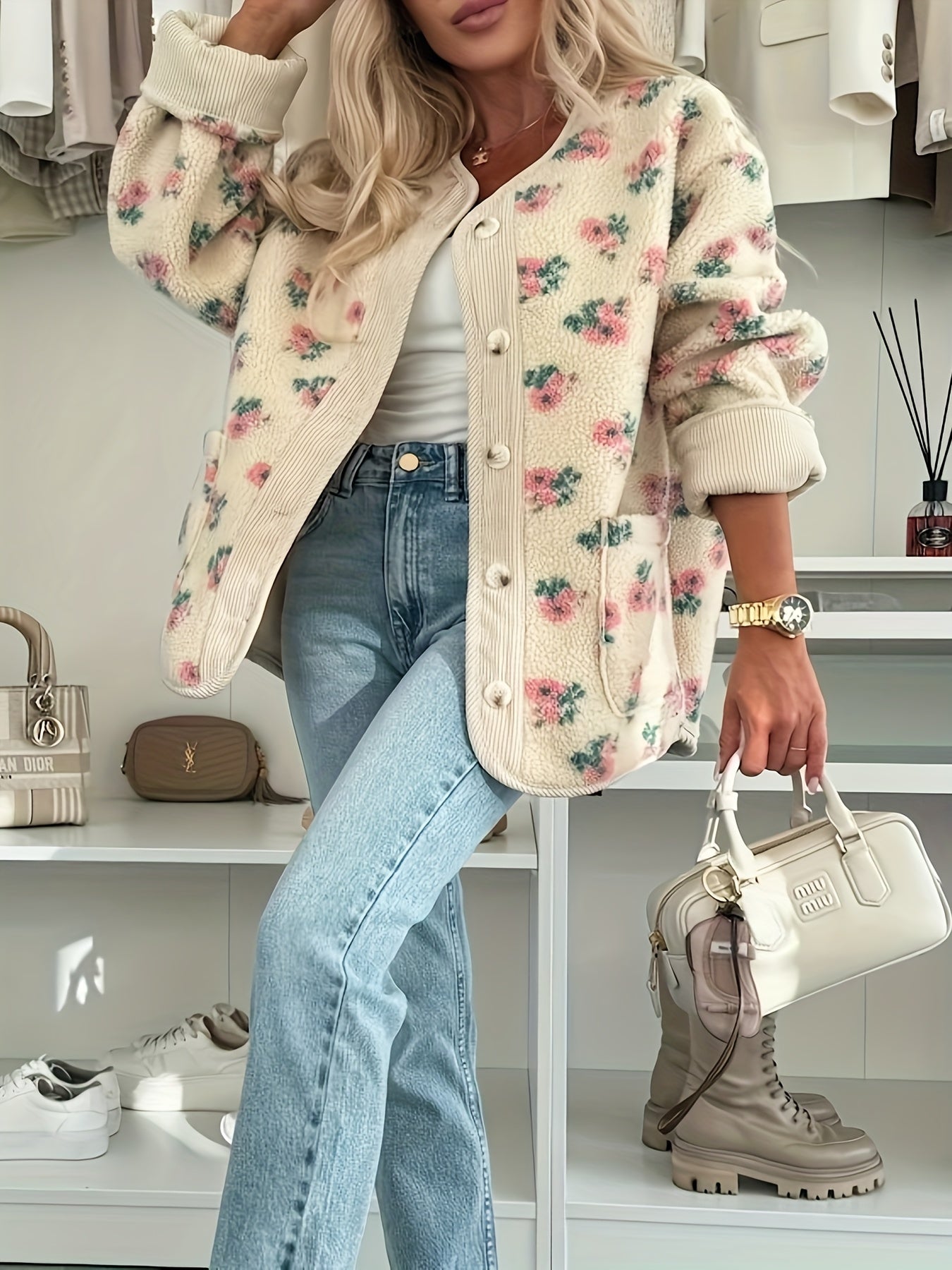 Women's Floral Print V-Neck Button-Front Coat with Pockets - Oversized H-Line Silhouette, Machine Washable Winter Jacket in Pink & Green, Casual to Semi-Formal Outerwear for Fall/Winter