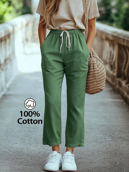 Women’s French-Style High-Waist Cotton Ankle Pants, Casual Straight Le