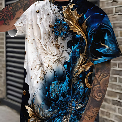 Men's Casual Short Sleeve T-Shirt with Dual-Sided Digital Print - White  Blue/Golden Floral Design, Breathable Round Neck Tee, Machine Washable Regular Fit for Casual Attire, Streetwear Style, Bold Pattern, Lightweight Tee,