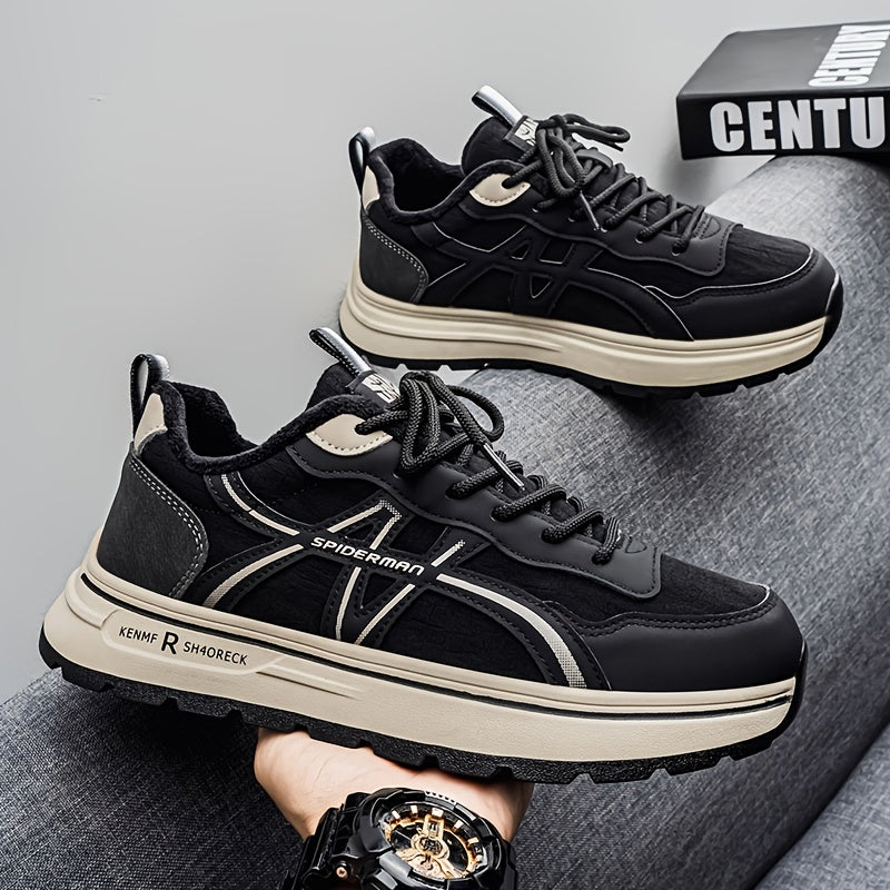 Men's Winter Thermal Low-Top Sneakers with Warm - All-Black Round Toe Lace-Up Shoes Suitable for, Outdoor, Daily Wear - Rubber Sole & Upper