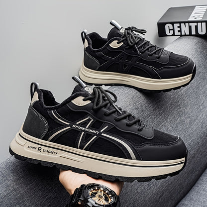 Men's Winter Thermal Low-Top Sneakers with Warm - All-Black Round Toe Lace-Up Shoes Suitable for, Outdoor, Daily Wear - Rubber Sole & Upper