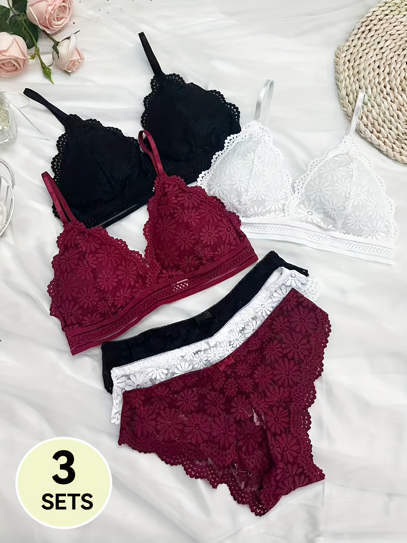 6pcs Women’s Minimalist Lace Bra and Brief Set - Breathable Comfort