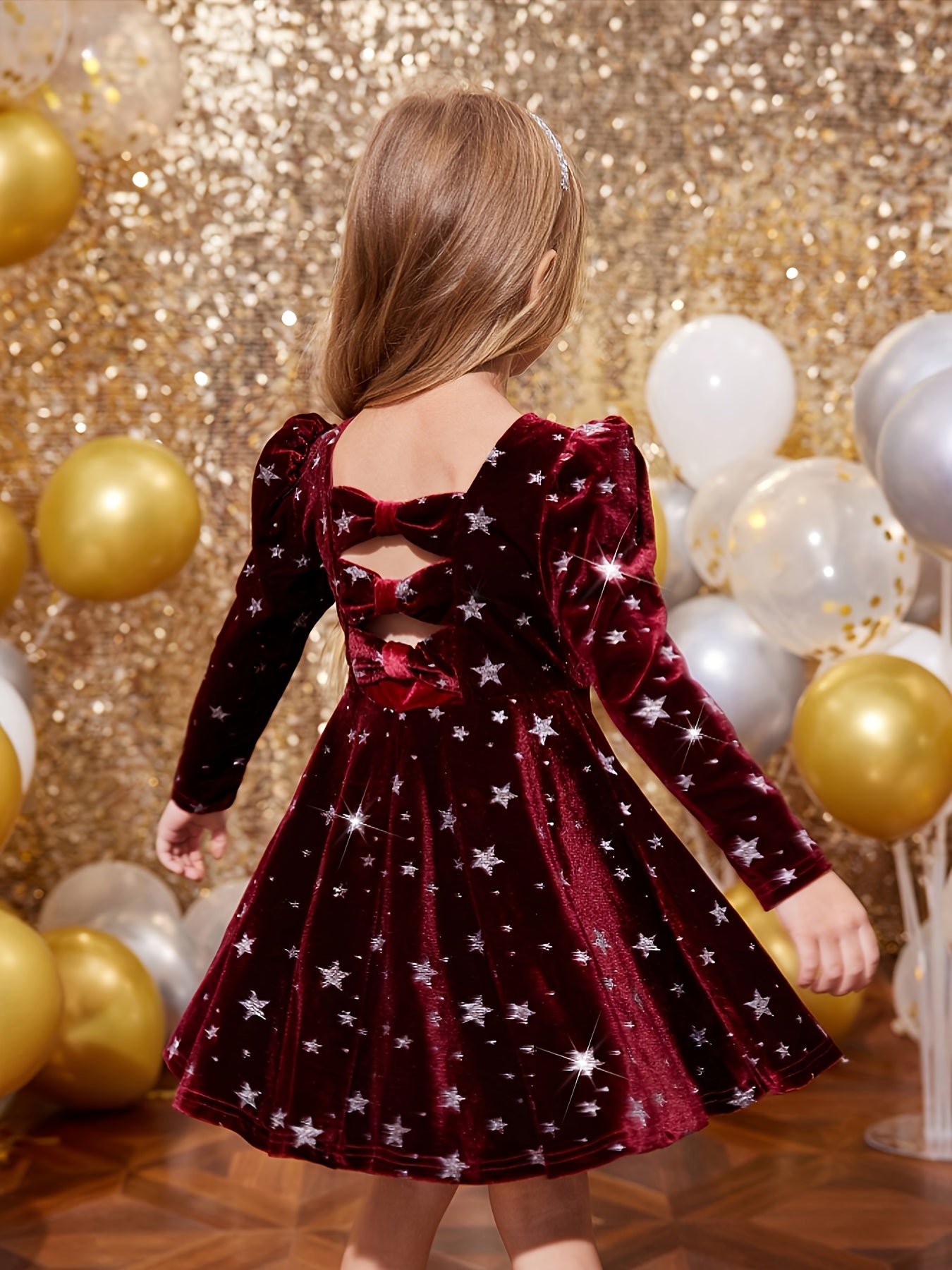 Girls' Long Sleeve Party dress - Elegant Burgundy Formal & Everyday Winter Outfit with Back Bow, Soft Velvet-like Fabric for Birthday, Christmas, School - Girls' Clothing Gift for Fall/Winter Seasons, Festive Occasions, Styli
