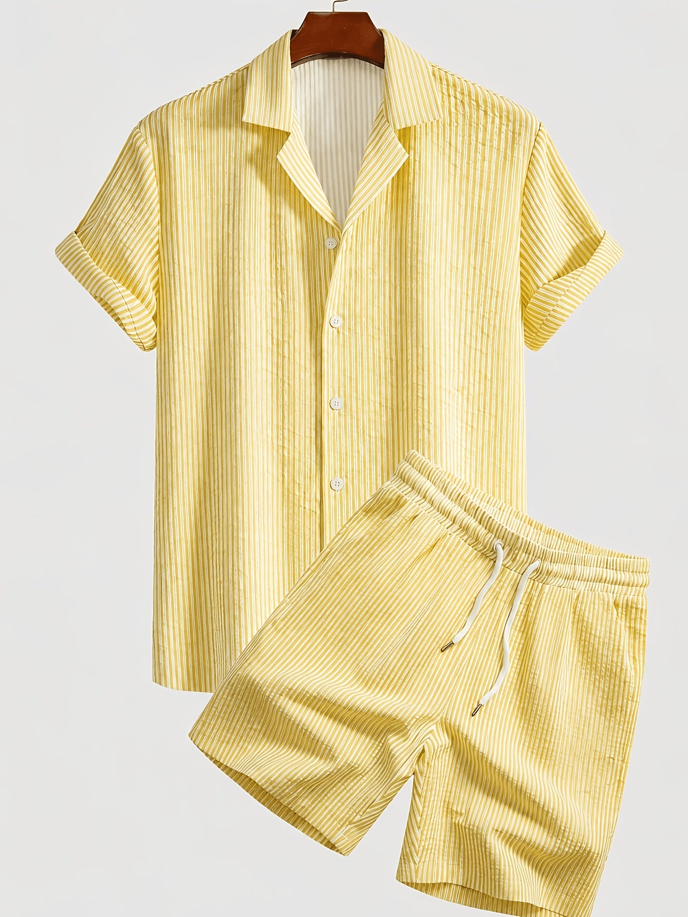 Men's Casual Breathable Bubble Stripe Pajama Set with Drawstring