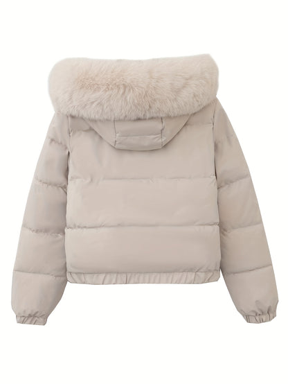 Women'S Winter Coat with Removable Faux Fur Hood - Thickened Loose Fit Long Sleeve Jacket, Zippered Pockets & Button Front, Casual Solid Color Outerwear for Cold Weather, Cozy Warmth, Buttoned Closure, Durable Fabric