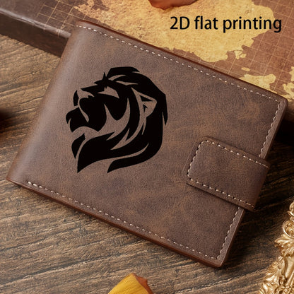 Lion Head Print Minimalist Design Wallet | Men'S Card Holder with Multiple Slots, Coin Purse, Document Organizer, Faux Leather, Casual Style