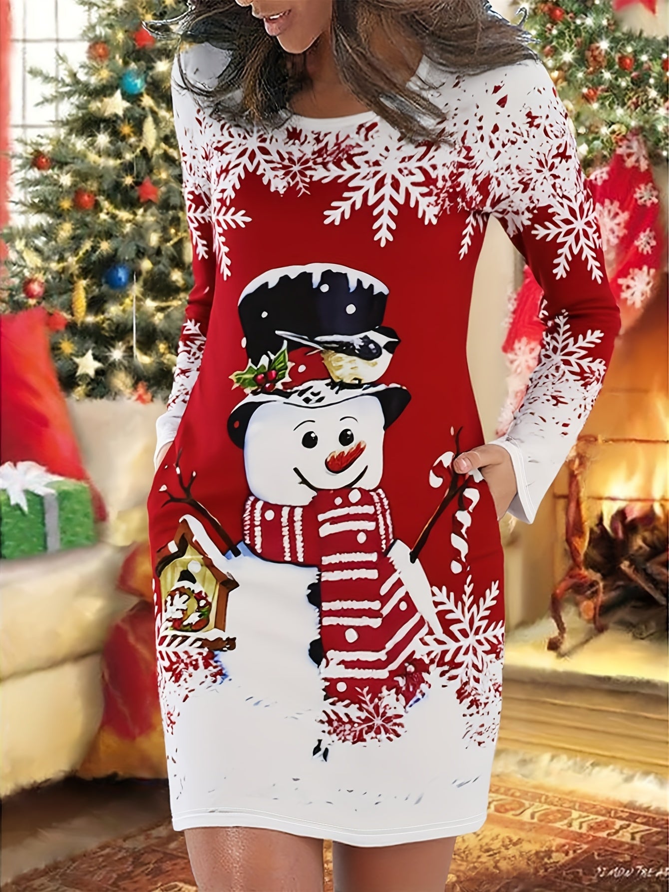 Women's Elegant Short-Sleeve Christmas Snowman Print Dress - Red & White Winter Party Dress with Snowflake Pattern, Round Neck A-Line Silhouette, Machine Washable Holiday Outfit for Xmas, New Year's & Seasonal Events (s)