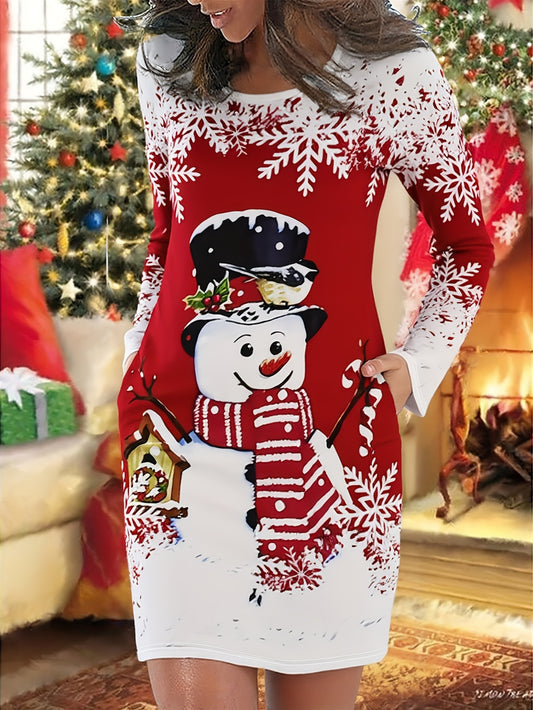 Women's Elegant Short-Sleeve Christmas Snowman Print Dress - Red & White Winter Party Dress with Snowflake Pattern, Round Neck A-Line Silhouette, Machine Washable Holiday Outfit for Xmas, New Year's & Seasonal Events (s)