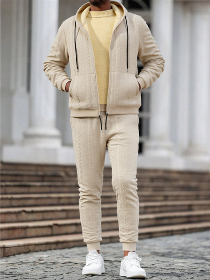 Men's Winter Fashion Two-Piece Set: Jacquard Hooded Cardigan with Lining & Long Pants – Ideal for Autumn and Winter, Winter Clothes For Men