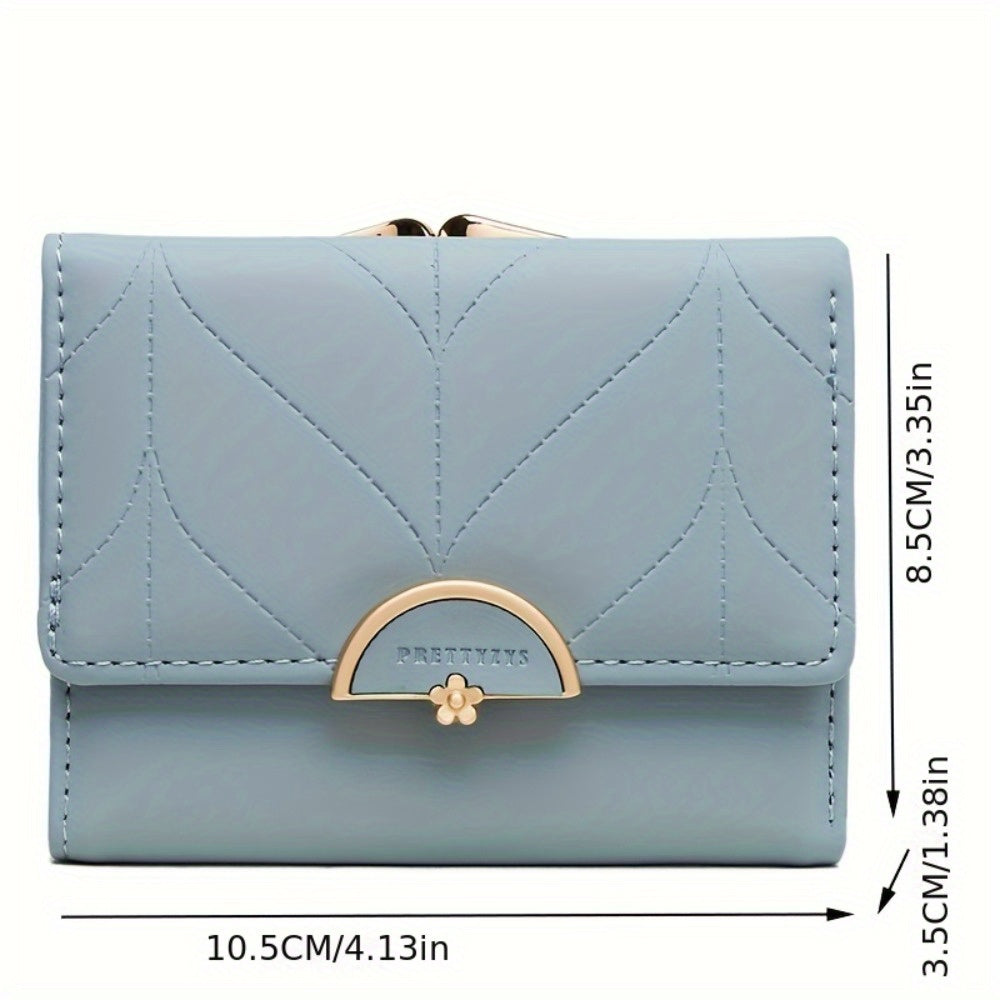 Compact Trifold Wallet for Women in Mint Green Featuring a Golden Clasp And Zippered Coin Compartment, Adorned with a Floral Pattern And Designed for Multiple Card Storage