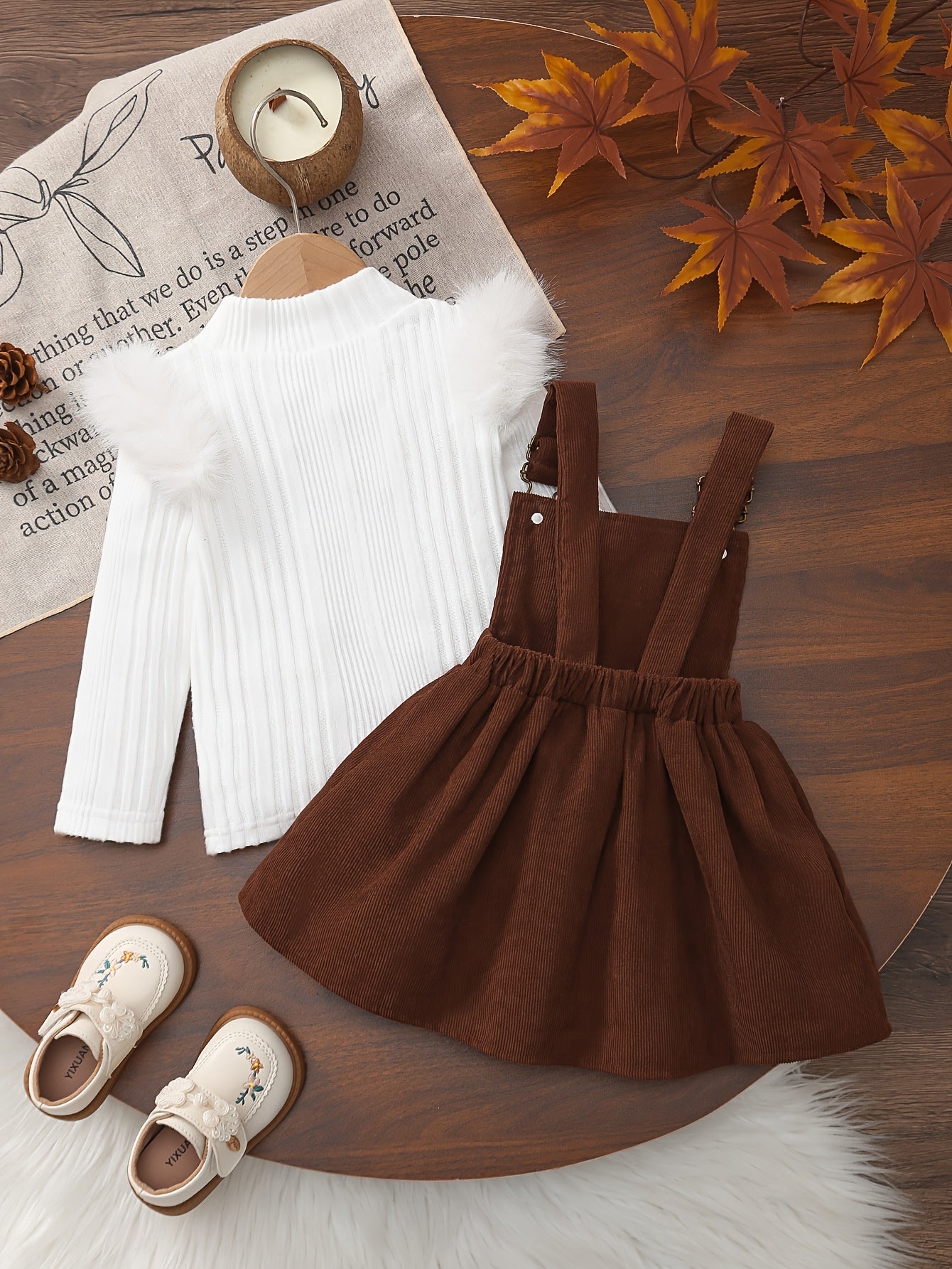 2pcs Baby Winter Outfit Set: Cozy Fluffy Sleeve Smock Dress & A-Line Bow with Collar & Fringe Trim - Soft Warm Clothes for Photoshoots, Christmas (Hand Washable), Perfect for Outdoor