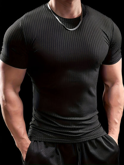 Men's Slim Fit Ribbed Short Sleeve T-Shirt - Stretchy Athletic  Casual Wear, Green, Round Neck, Machine Washable, Muscle-Enhancing Design, Gym Shirts