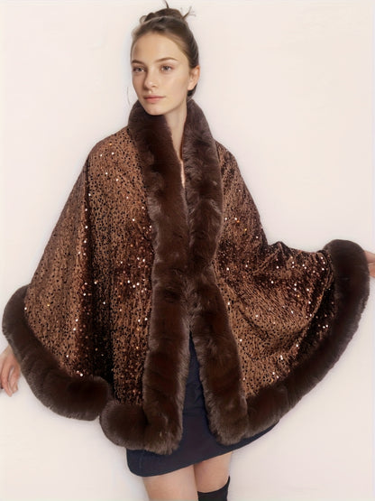 Plus Size, Women's Elegant Shawl Cloak Poncho - Luxury Brown Cape with Sparkling Glamour, Thick Winter Coat for Parties, Formal Events - Non-Stretch Fabric, Easy Care Elegant Wrap for Everyday Special Occasions, Party Wear, C