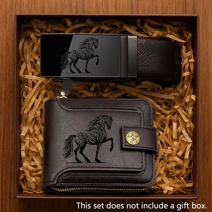 2pcs Men's Branch & Horse Wallet and Belt Combo - Elegant Collegiate Style Matching Wallet & Accessory Suitable for Daily & Professional Wear, Ideal Gift for Father's Day, Christmas, (Wallet and Belt)