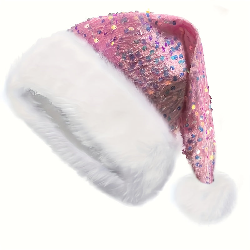Christmas Sequin Santa Hat - Double Layer Shimmery Polyester Beanie Cap with Plush Trim, Inelastic, Handwash Only, Knitted Craftsmanship, No Feathers, Festive Holiday Headwear for Adults