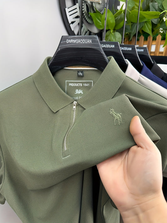 New Stylish Short-Sleeve Polo Shirt with a Zipper, a Breathable Business Fashion Tee, Featuring High-End Embroidery on The Sleeves And an Exquisite Design on The Back - ayq