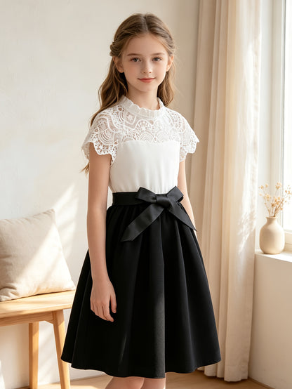 Girls' Elegant Fit & Flare Dress with Lace Bow Belt