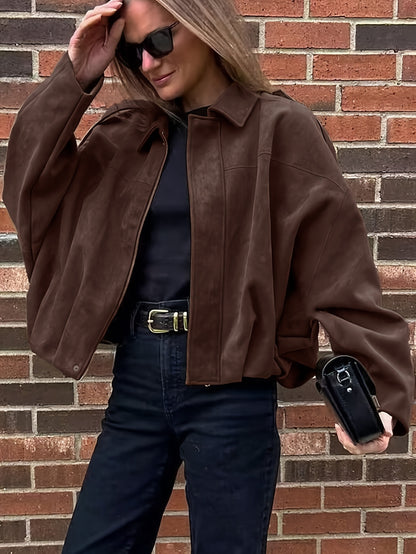 Women'S Vintage Bomber Jacket - Loose Fit Long Sleeve Zip-Up with Drop Shoulder Design, Brown Casual Outerwear for Fall/Winter, Non-Stretch Fabric, Perfect for Casual Attire, Autumn Winter Jacket | Vintage Bomber Style | Zipp