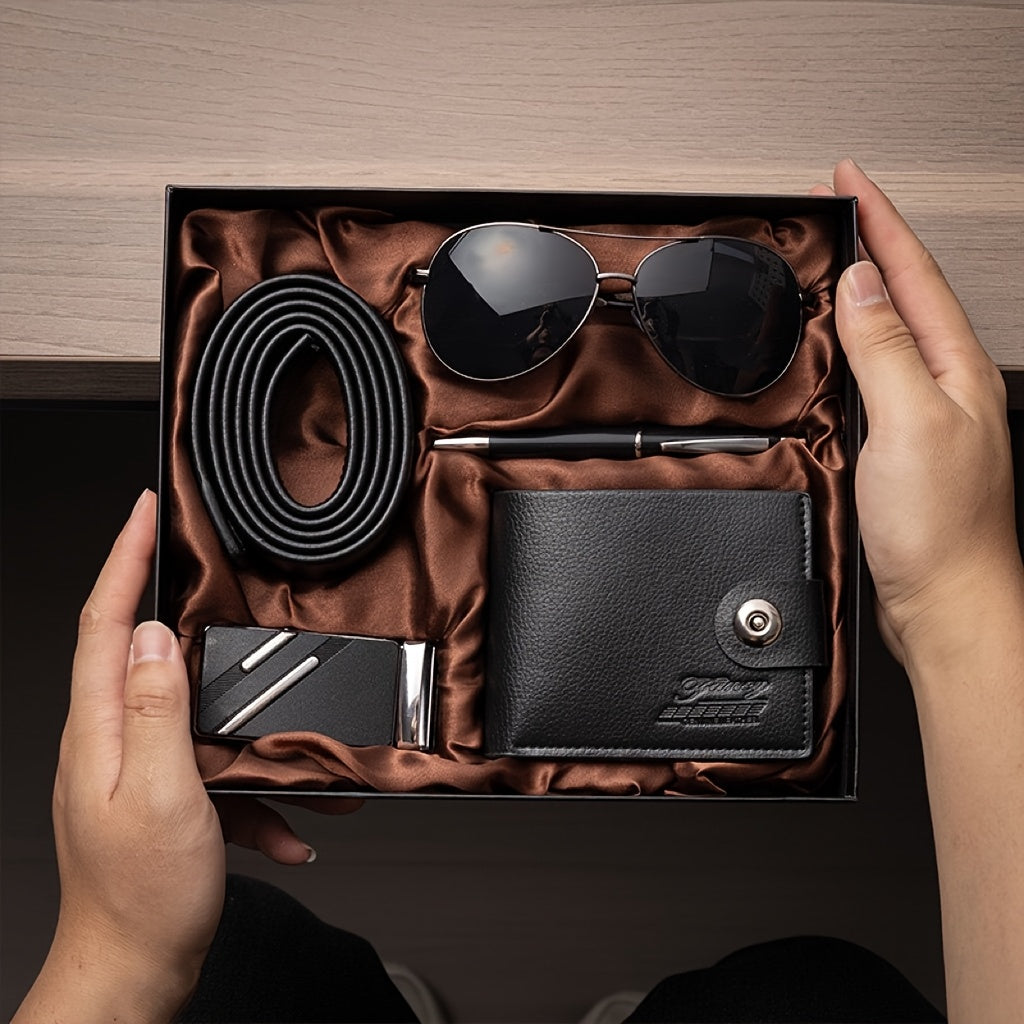5pcs Men's Business Gift Box Set (with Gift Box). The Gift Box Includes Fashion Glasses, Wallet, Ballpoint Pen, Belt, and Buckle. Very Suitable for Father's Day, Valentine's Day, Thanksgiving, Etc., Suitable for Birthday Gift