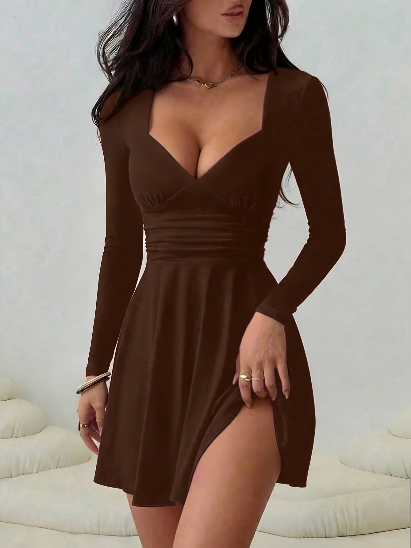 Women’s V-Neck Mini Dress with Waist Ruching and Long Sleeves