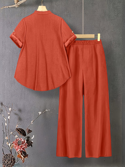 Women's Casual V-Neck Top & Elastic Waist Pants Set