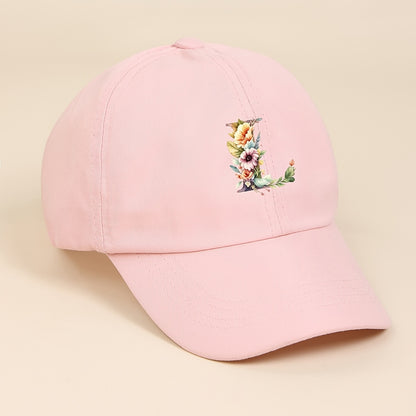 Adjustable Pink Baseball Cap for Kids with Floral Alphabet Design