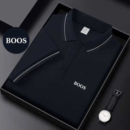 BOOS letter print, 1 premium Men's shirt, polyester fabric, regular fit, turn- collar top, summer short sleeve T-shirt, birthday gift, inner or outer wear, outdoor casual, sportswear, business casual, stylish and breathable, - ayq