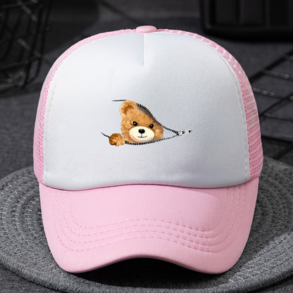Kids' Breathable Mesh Baseball Cap with Teddy Bear Design - Adjustable Snapback, Sun-Protective Trucker Hat for Boys & Girls, Black