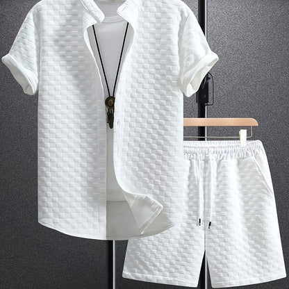 Men'S Casual Short Sleeve Button-Up Shirt & Shorts Set - Solid Black, Breathable Polyester Blend, Regular Fit for Summer, Everyday Comfort, Casual Summer Wear | Buttonup Shirt | Polyester Blend