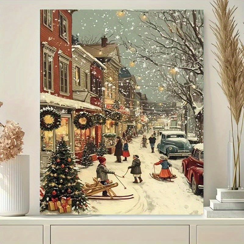 1pc Beginner DIY Adult Paint by Numbers Kit - Includes Acrylic Paints, Canvas, 3 Brushes & Instruction Manual | Winter Town Street Scene with Children Skiing and Snowboarding in a House Full of Decorations| 40x50cm/15.7x20in