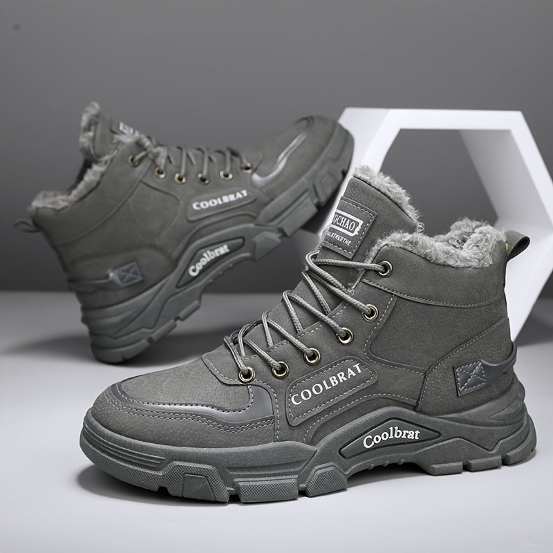 Men's Mid-Calf Winter Boots with -Like Collar & Plush - Heavy-Duty PU Upper, PVC Sole, Lace-Up Ankle for, Outdoor, Casual & Gym - Beige/Tan (Warm Cold Weather Trekking Shoes)