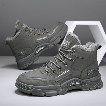 Men's Mid-Calf Winter Boots with -Like Collar & Plush - Heavy-Duty PU Upper, PVC Sole, Lace-Up Ankle for, Outdoor, Casual & Gym - Beige/Tan (Warm Cold Weather Trekking Shoes)