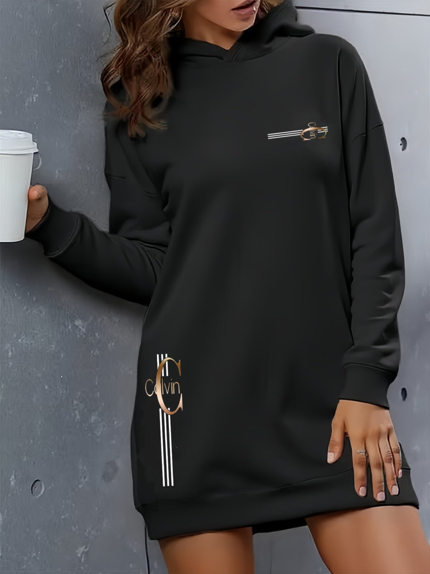 Women'S Elegant Letter Print Hooded Sweatshirt - Thickened Fleece-Lined Long Dress with Golden Lettering & Golden-Tone Lettering, Front Zipper Closure, All-Season Casual Elegant Sweater, Cute Hoodie