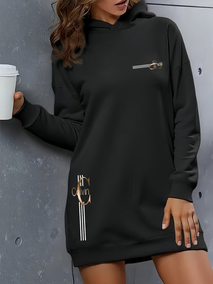 Women'S Elegant Letter Print Hooded Sweatshirt - Thickened Fleece-Lined Long Dress with Golden Lettering & Golden-Tone Lettering, Front Zipper Closure, All-Season Casual Elegant Sweater, Cute Hoodie