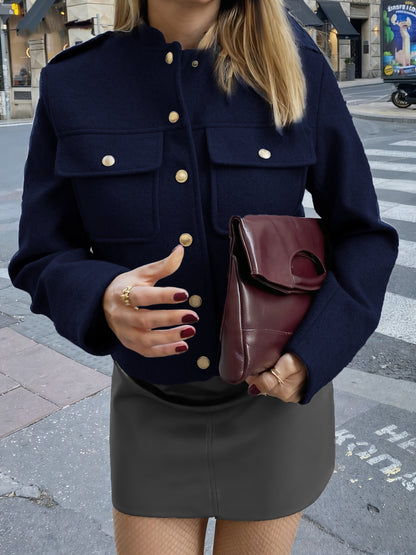 Women'S Burgundy Round-Neck Long-Sleeve Jacket with Pockets And Button Closure for Autumn And Winter, Stylish And Casual.