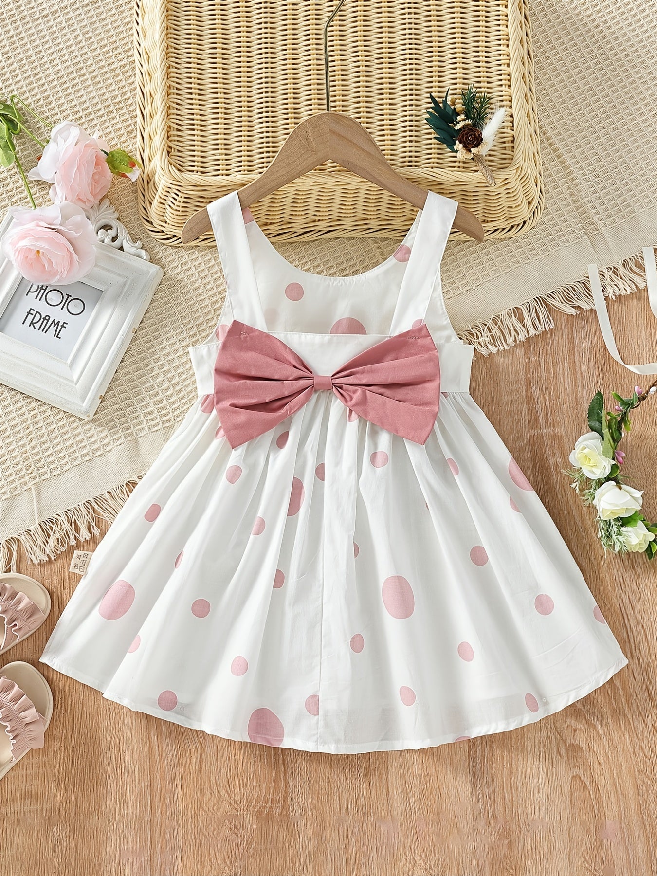 Girls' Cute White Cotton Polka Dot Spaghetti Strap Dress