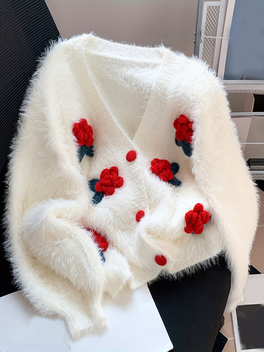 Women'S Vintage Floral Cardigan Sweater - Soft Fuzzy V-Neck Button-Front Closure, Elegant & Red Floral Pattern with Accents, Casual To Formal Outerwear For Fall/winter, Sweater Cardigan, Winter Layering, Fall Fashion, Stylish